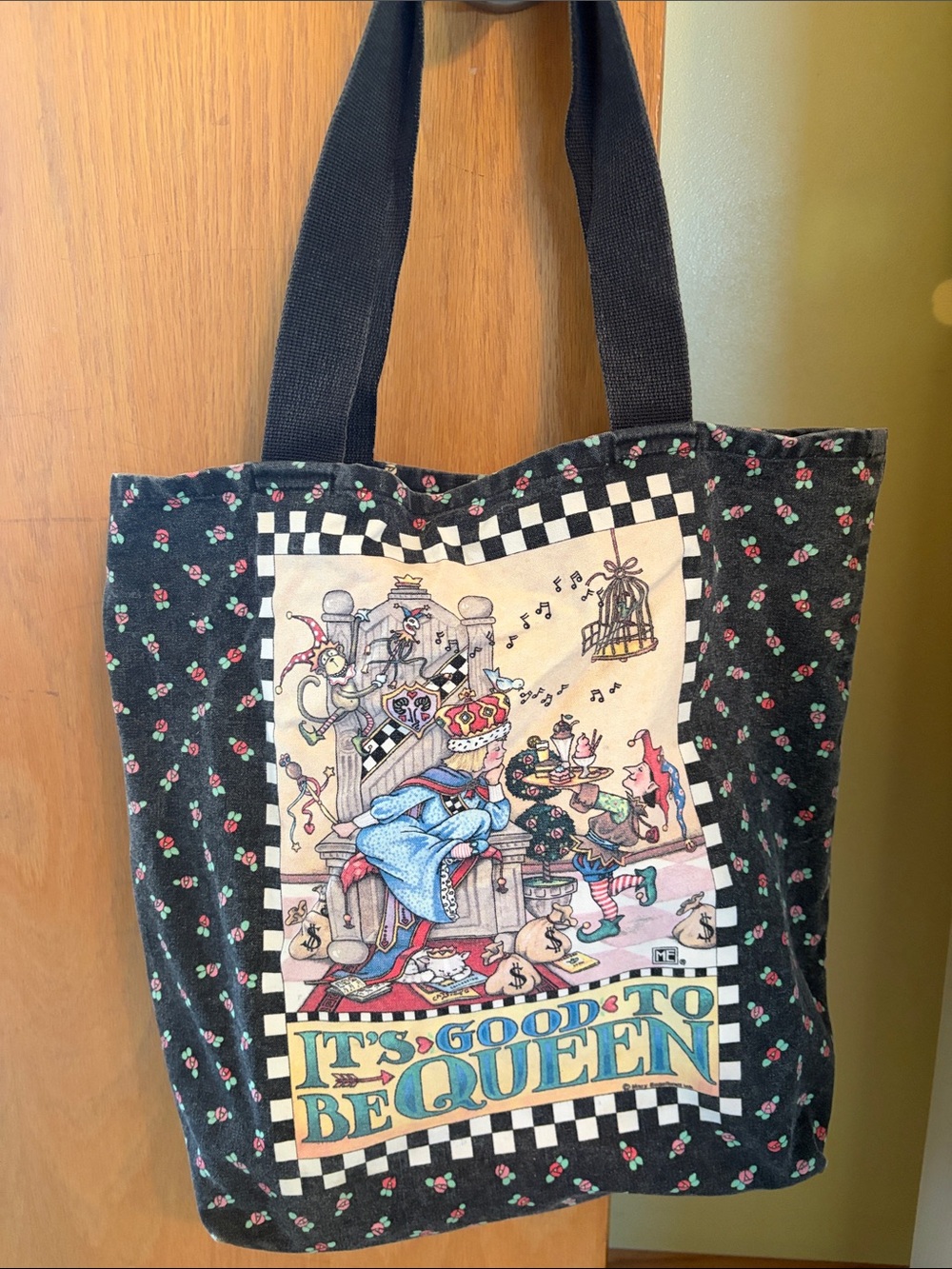 Mary Engelbreit Black Floral "It's Good to Be Queen" Graphic Tote